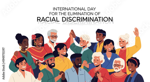 Illustration of diverse people united for the International Day for the Elimination of Racial Discrimination with a global anti-racism day message.