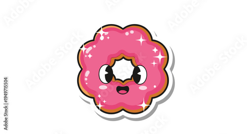 Adorable sparkling donut character with bright pink frosting and a happy face isolated on a white background.