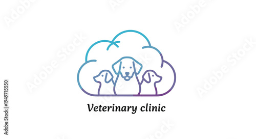 Veterinary clinic logo design showing three dogs of different sizes outlined within a soft blue and purple cloud.