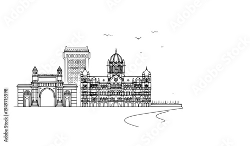 Mumbai Landmark Skyline Gateway of India Marine Drive CST Vector Illustration