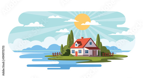 Picturesque illustration of a charming white house with a red roof situated on a green island near blue water under a bright sun.