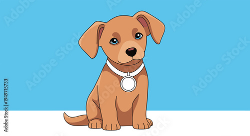 Adorable brown puppy character sitting against a bright blue and white background wearing a white collar with a round silver medal.