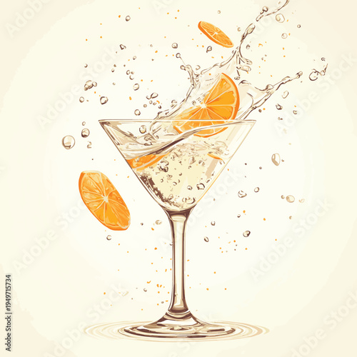 Glass with clear cocktail cascading in a delicate stream with suspended citrus zest , vector style simple color