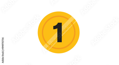 Simple flat vector icon of a gold coin featuring the number one in the center representing first place or a single unit of currency.