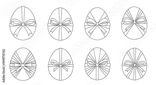 Collection of eight Easter egg outlines decorated with different ribbon and bow designs for holiday coloring and card decoration projects.