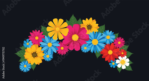 Vibrant semicircle arrangement of colorful daisies and flowers with green leaves set against a solid black background for elegant design.