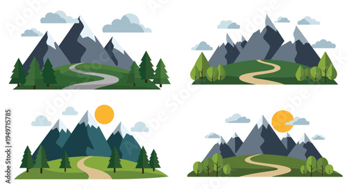 Set of four different mountain landscape illustrations featuring snowy peaks green hills winding paths pine trees and sunny skies.