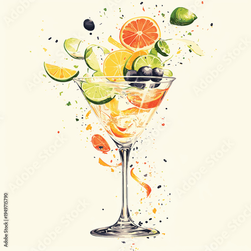 Glass with clear cocktail cascading in a delicate stream with suspended citrus zest , vector style simple color