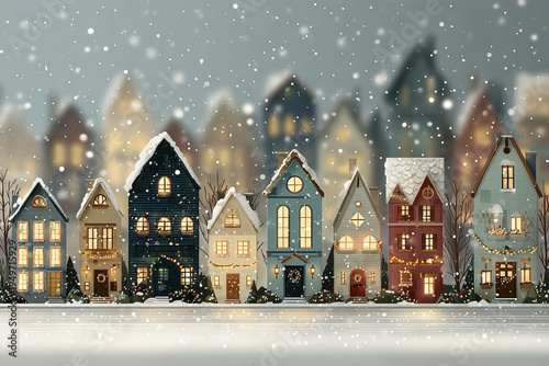 Cozy winter village street with snow falling gently, decorated houses glowing warmly with lights and festive garlands, creating peaceful holiday atmosphere