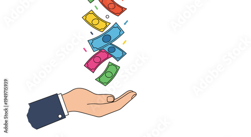 Illustration of colorful cash banknotes falling from above into an open hand representing wealth income or winning a prize.