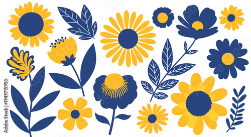 Collection of various flowers and leaves in a limited palette of blue and yellow representing national colors and nature elements.