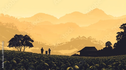 67.Beautiful coffee farm, landscape, farmers silhouette