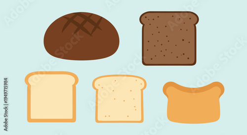 Five different types of bread including a whole loaf and various slices of white brown and toasted bread on a light blue background.