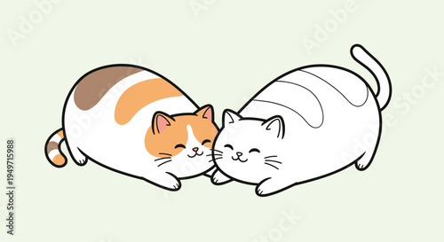 Two cute chubby cats one calico and one white cuddling together with happy faces on a light green background for pet lovers.
