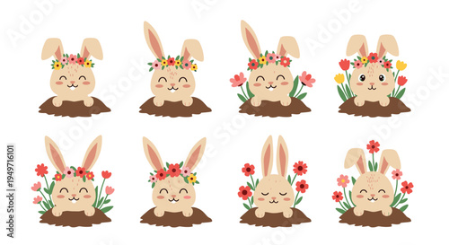 Group of cute illustrated rabbits wearing colorful flower crowns and popping out of holes in the garden ground.
