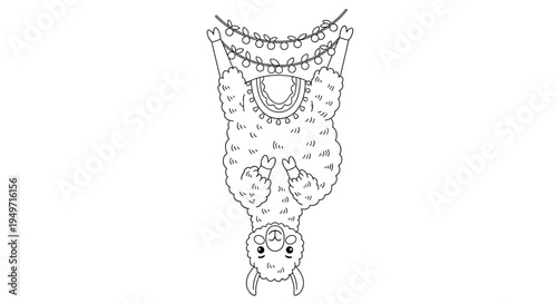 Hand drawn line art illustration of a cute llama hanging upside down with festive garlands for a coloring page.