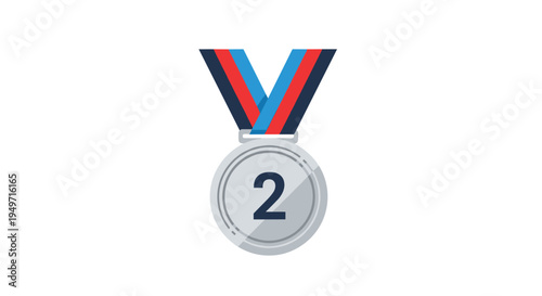 Silver medal for second place achievement with a striped ribbon in blue red and black on a white background.