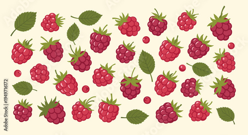 Delicious pattern of ripe red raspberries and green leaves scattered across a light cream colored background.