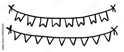 Hand drawn bunting pattern set. Crayon doodled flag garland collection. Vector drawn party pennon illustration. Kid sketched celebration flag chains and pennons for birthday decoration, footer, banner