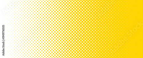 Yellow square pixel halftone gradient texture. Fading checkered gradation wallpaper. Bright squared dot background. Abstract vanishing comic pop art backdrop. Vector repeated raster effect overlay