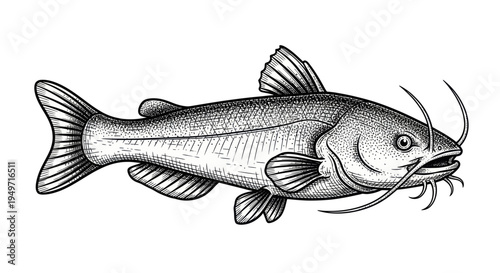 Detailed Black and White Illustration of a Catfish with Whiskers