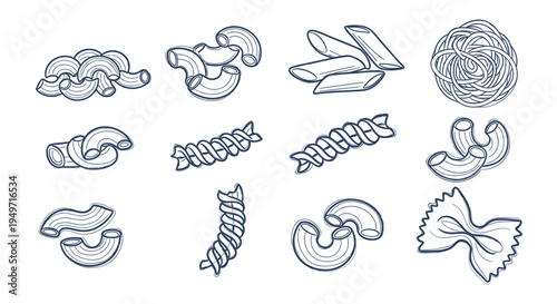 Hand Drawn Pasta Assortment Vector - Various Italian Macaroni Shapes