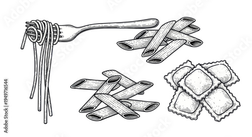 Hand-drawn pasta assortment: spaghetti, penne, and ravioli, isolated on white