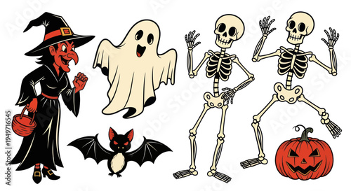 Halloween Characters: Witch, Ghost, Skeletons, Bat, Pumpkin - Vector Illustration