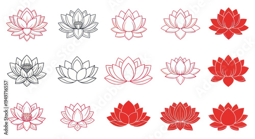 Lotus Flower Collection: Red and Outline Designs for Yoga, Spa, and Meditation