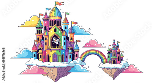 Magical Rainbow Castle on Clouds, Fantasy Kingdom, Unicorn, Fairytale