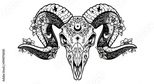 Ornate Ram Skull with Floral and Celestial Tattoo Art