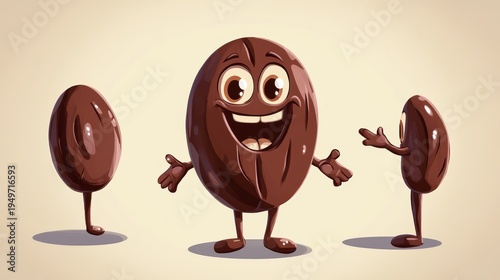 38.Character design featuring a human-like mascot with a large coffee bean body, expressive facial features, stylized arms and legs, warm brown tones, playful cartoon shading, energetic pose