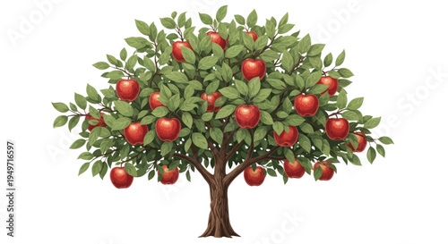Ripe Red Apple Tree Laden with Fruit, Isolated on White Background