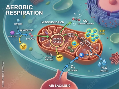 Visual explanation of cellular energy production, mapping intricate biochemical pathways of glucose breakdown and ATP synthesis