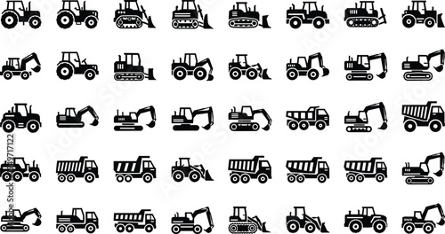 Tractor, excavator, truck, bulldozer, construction, machinery, industrial, vector, vehicle, transport, icon, equipment, agriculture, loader, dumper.