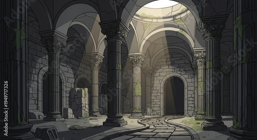 Abandoned ancient stone hallway with arches and columns in a ruined building interior