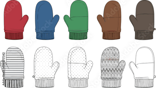 Cute Winter Mittens Illustration Set with Red Blue Green Brown Solid Mitts and Patterned Striped Dotted Knit Mittens for Cold Weather Fashion Accessories Holiday and Cozy Designs