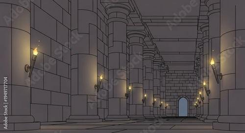 Ancient stone corridor with columns and torches leading to a blue doorway in a dark fantasy castle