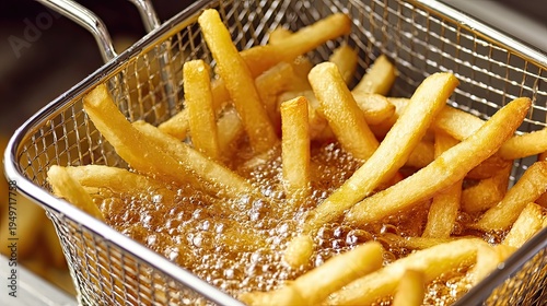 French fries cooking in a metal basket inside a deep fryer.