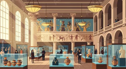 Visitors explore ancient artifacts in a museum with high ceilings and glass display cases