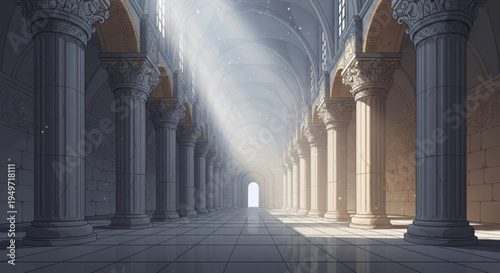 Ancient temple corridor with columns and sunlight shining through creating a serene and mystical atmosphere in a historic architectural setting