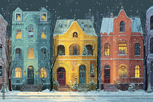 Colorful European houses in winter with snow falling, warm glowing windows, and bare trees lining street, creating cozy and festive atmosphere