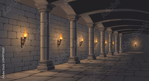 Ancient stone corridor with columns and torches in a dark mysterious hallway with arches and walls