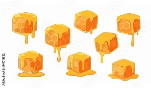 Honeycomb with dripping honey vector illustration sweet beehive wax cells isolated on white background