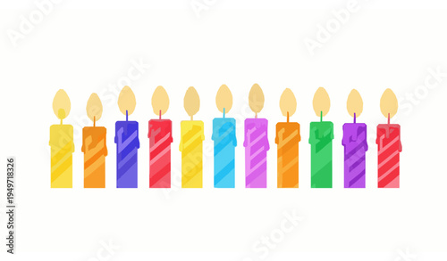 Colorful birthday candles with burning flames vector illustration festive cake candles isolated on white background