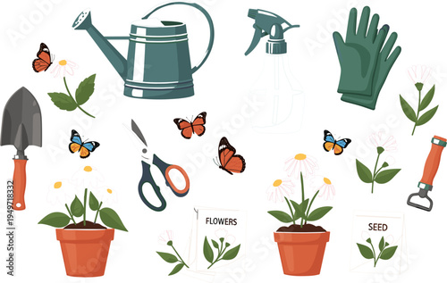 Gardening Tools Set for Flower Planting with Watering Can, Pruning Shears, Gloves, Flower Pots, Seeds, and Butterflies