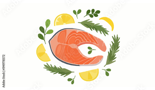 Raw salmon steak with lemon wedges and rosemary vector seafood ingredient isolated on white