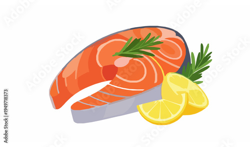Salmon steak with lemon and rosemary cartoon style vector seafood food illustration isolated on white background