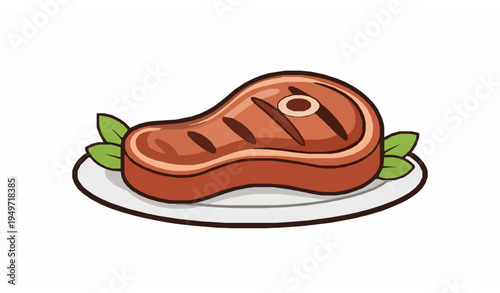 Cartoon fried steak on plate vector grilled meat food icon isolated on white background