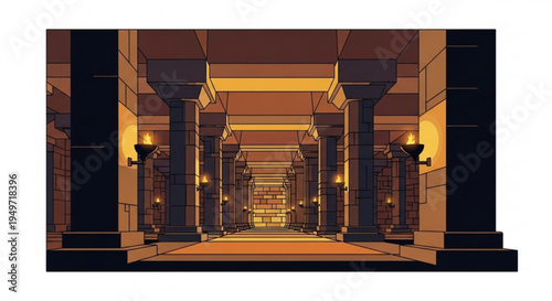 Warmly lit ancient temple hallway with columns and stairs leading to a distant golden altar